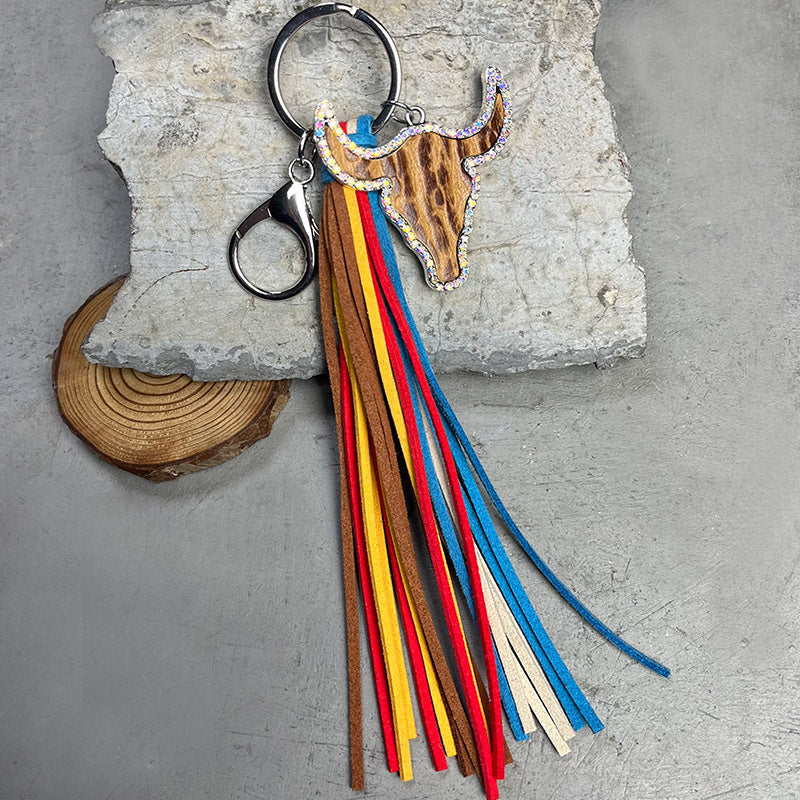 Wholesale 2pcs/pack Leather Bull Head Colorful Tassel Ethnic Style Keychain